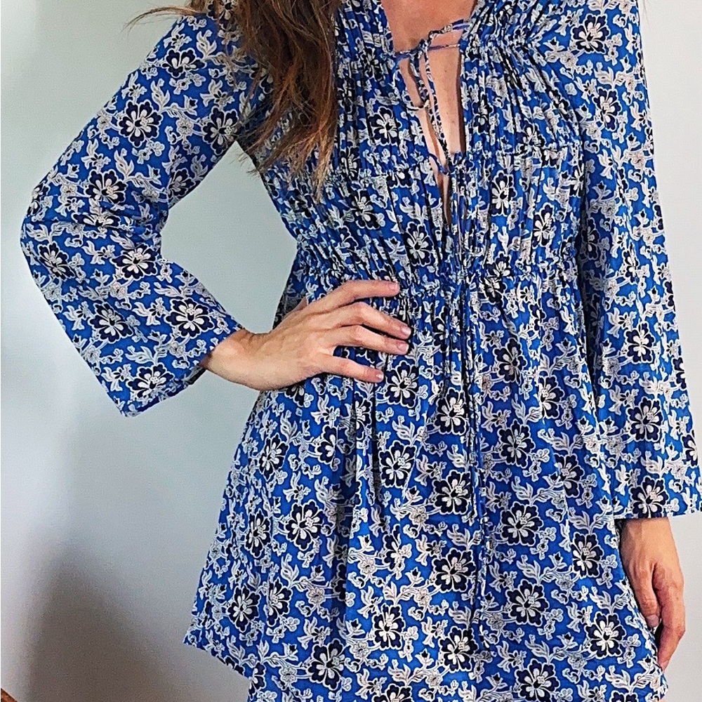 Tiered Tie-front Beach Dress in Cobalt Floral Cotton Voile (size S)